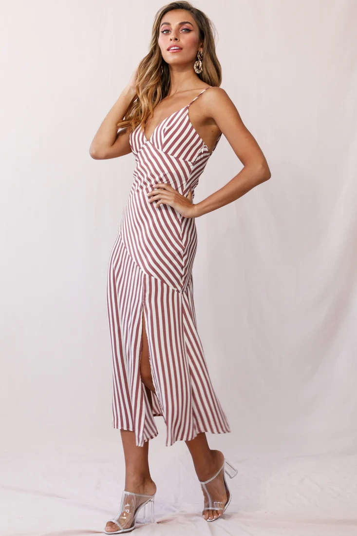 Downtown Cami Strap Front Split Midi Dress Stripe Print Rose - Sonourner