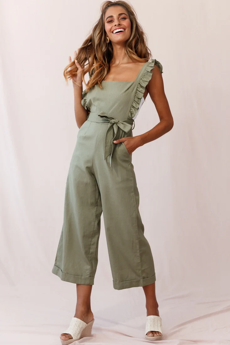 Serenade Ruffle Strap Pinafore Jumpsuit Olive - Sonourner