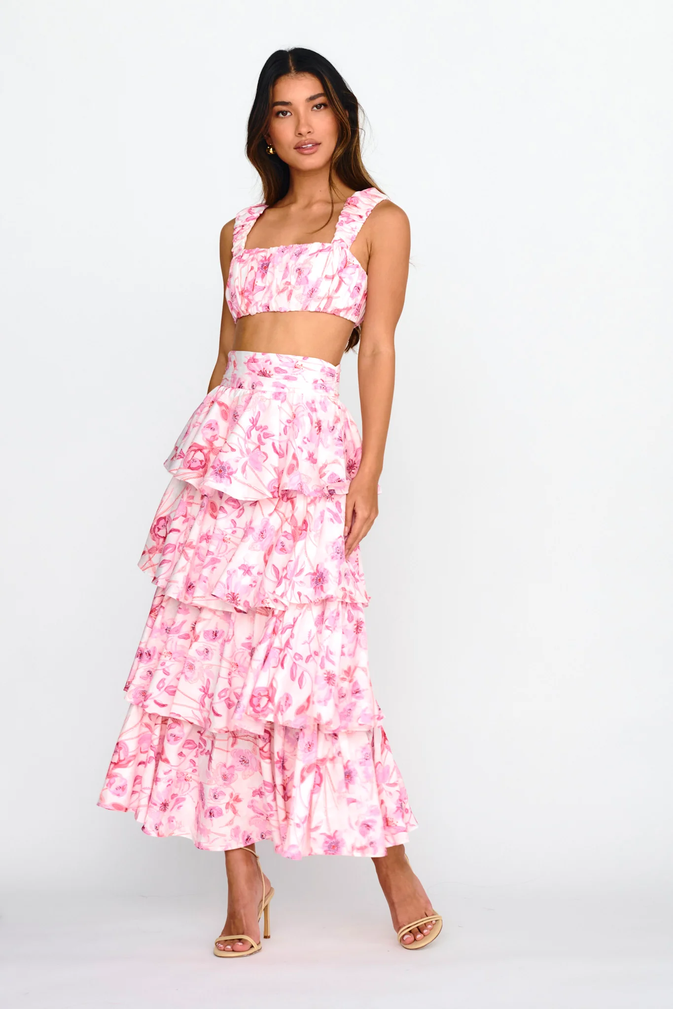 Suenito Tiered Frill Maxi Skirt Floral Pink - Sonourner