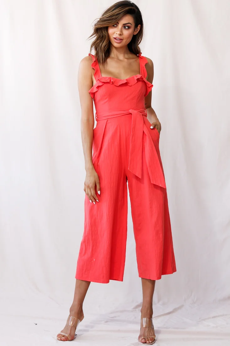 Kaia Ruffle Strap Wide-Leg Capri Jumpsuit Red - Sonourner