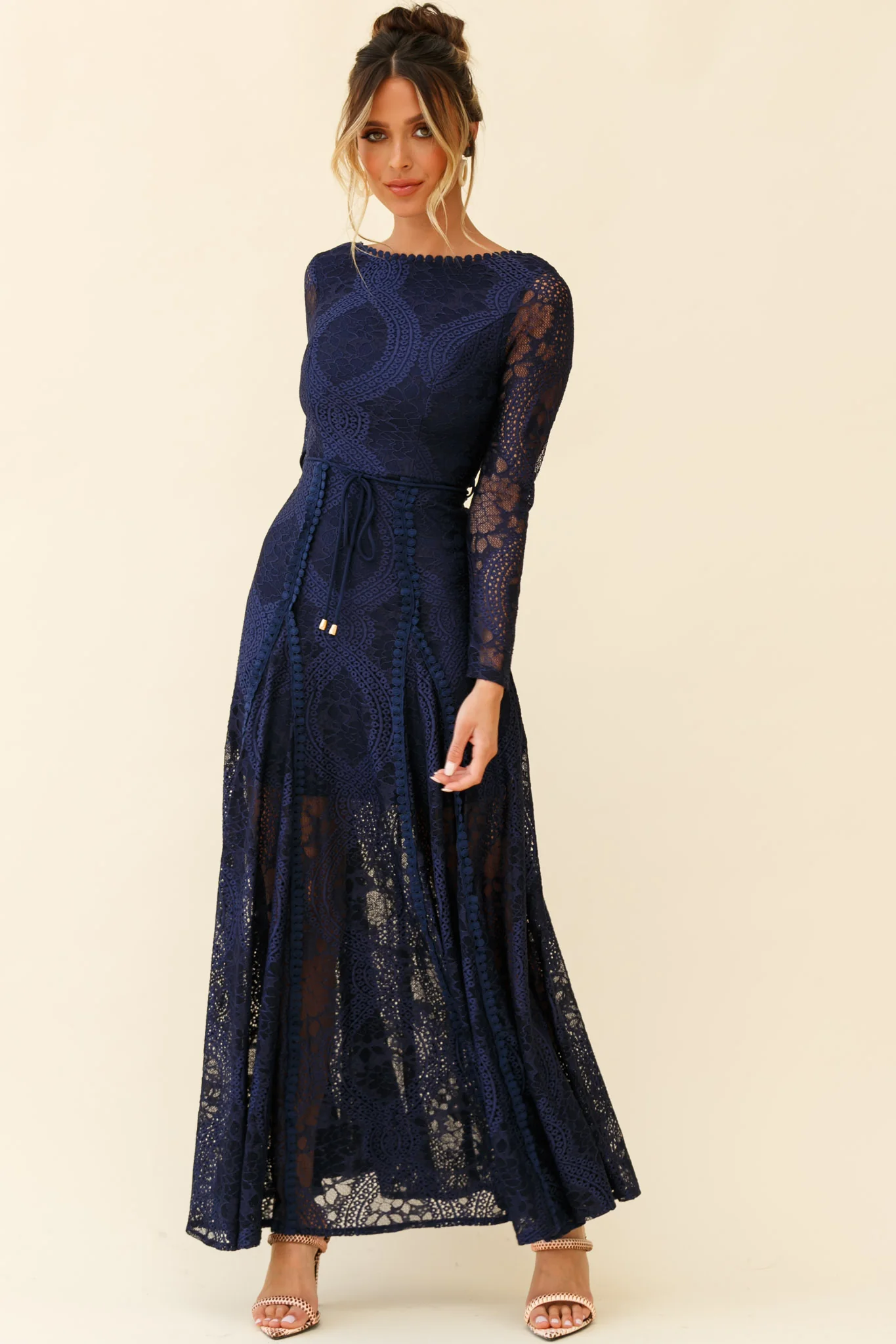 Palm Springs Long Sleeve Lace Overlay Maxi Dress Navy - Sonourner