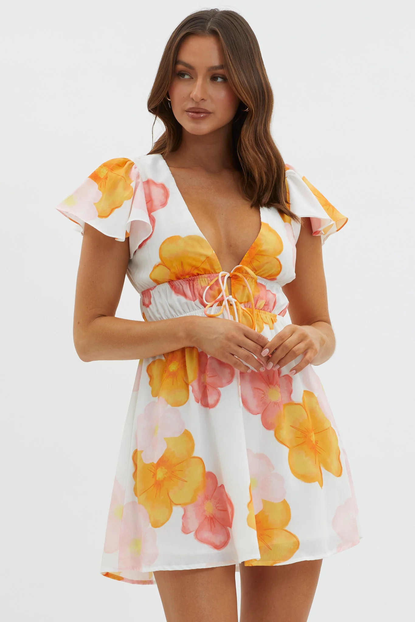 Carnivale Angel Sleeve Mini Dress Floral Orange - Sonourner