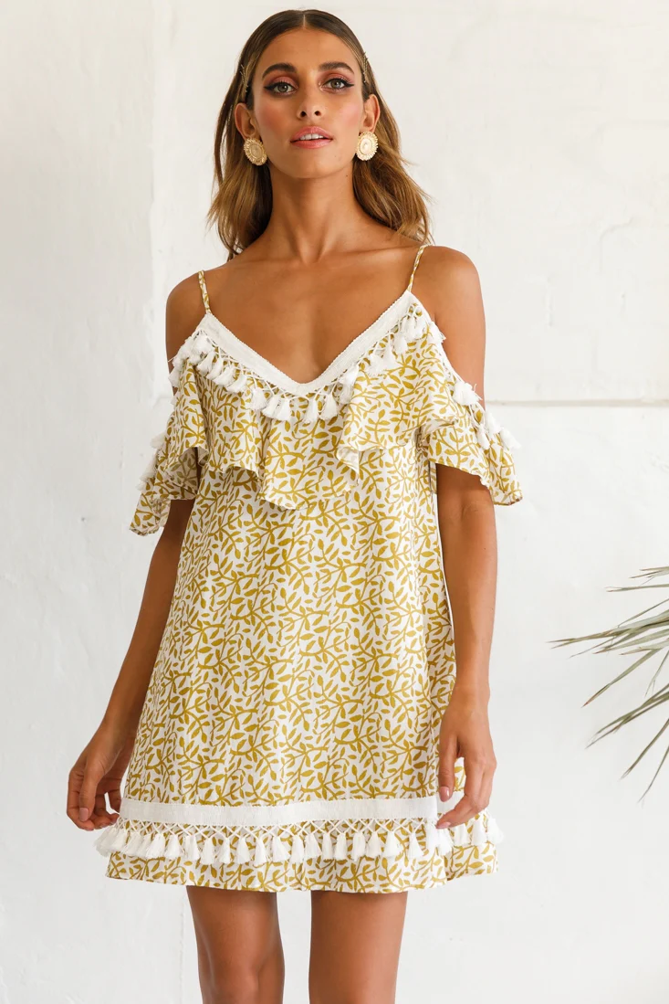 Hayman Cold-Shoulder Tassel Trim Dress Mustard Print - Sonourner