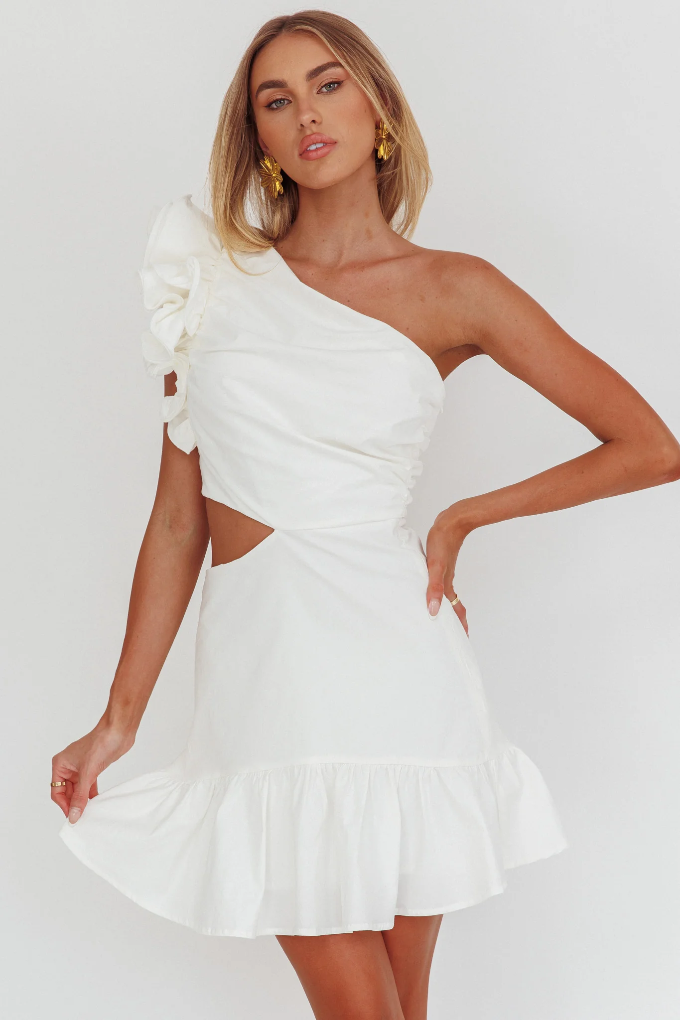 Deanna One-Shoulder Cut-Out Mini Dress White - Sonourner