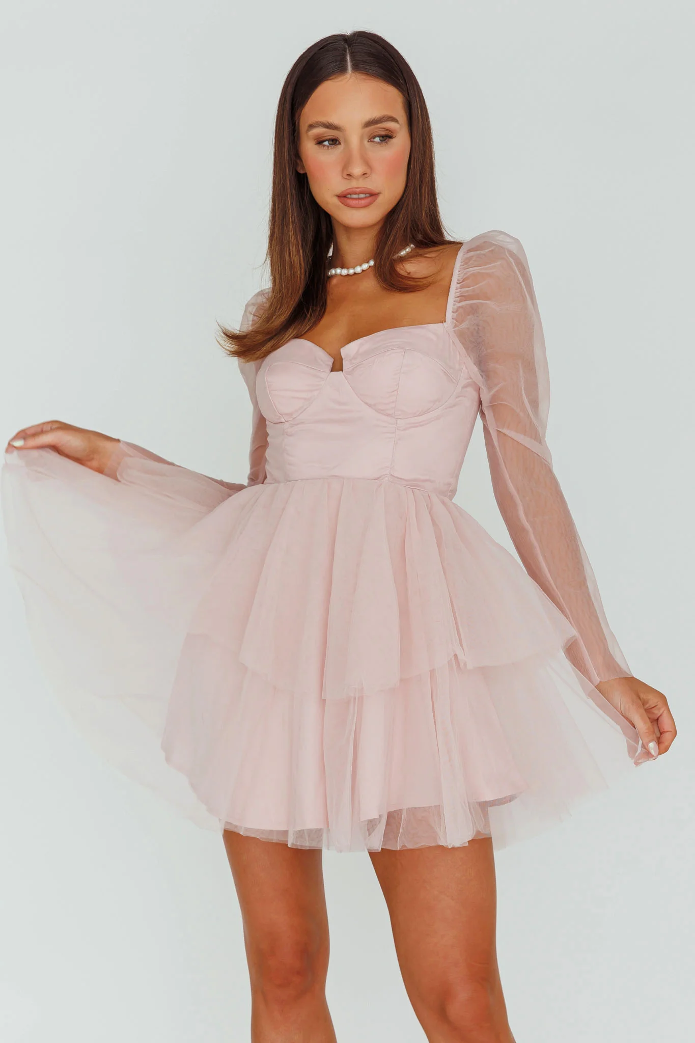 Veola Long Sleeve Tulle Mini Dress Blush - Sonourner