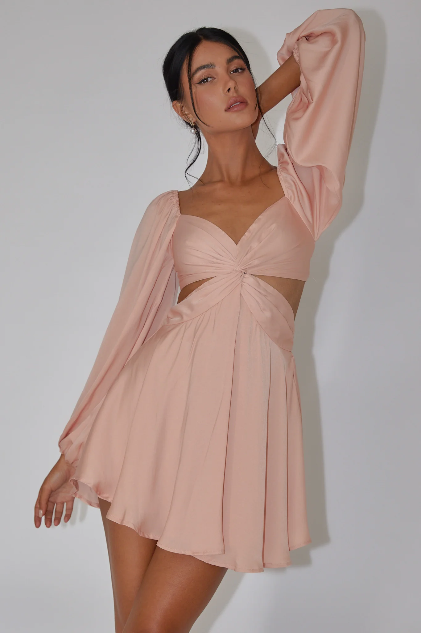 Miraya Balloon Sleeve Twist Mini Dress Peach - Sonourner