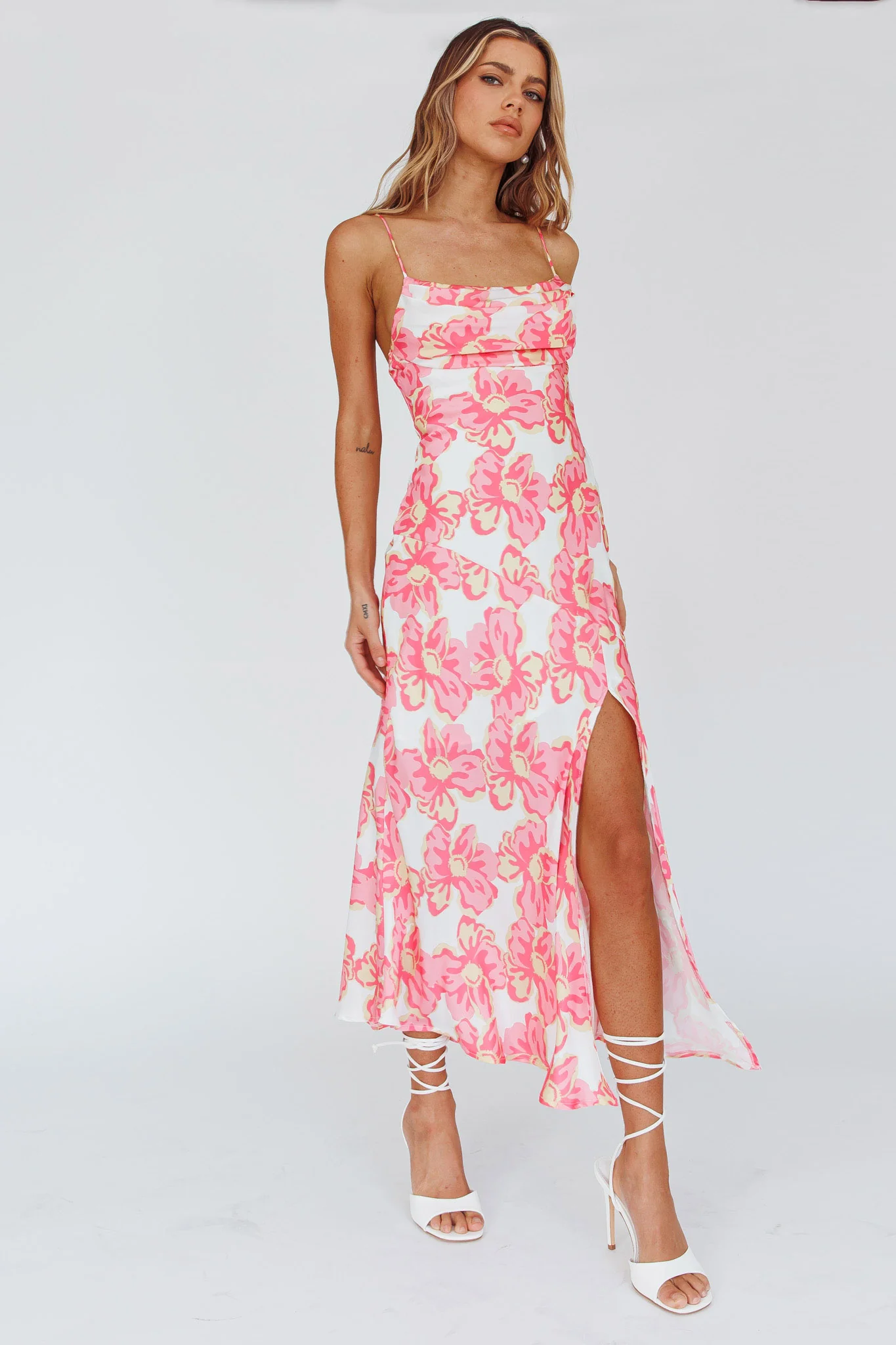 Well Versed Pleated Bust Front Split Dress Flowers Pink - Sonourner