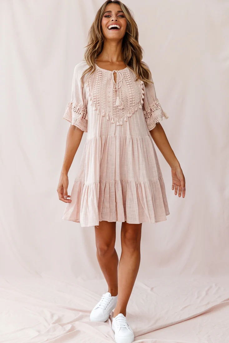 Jada Crochet and Tassel Kaftan Dress Beige - Sonourner