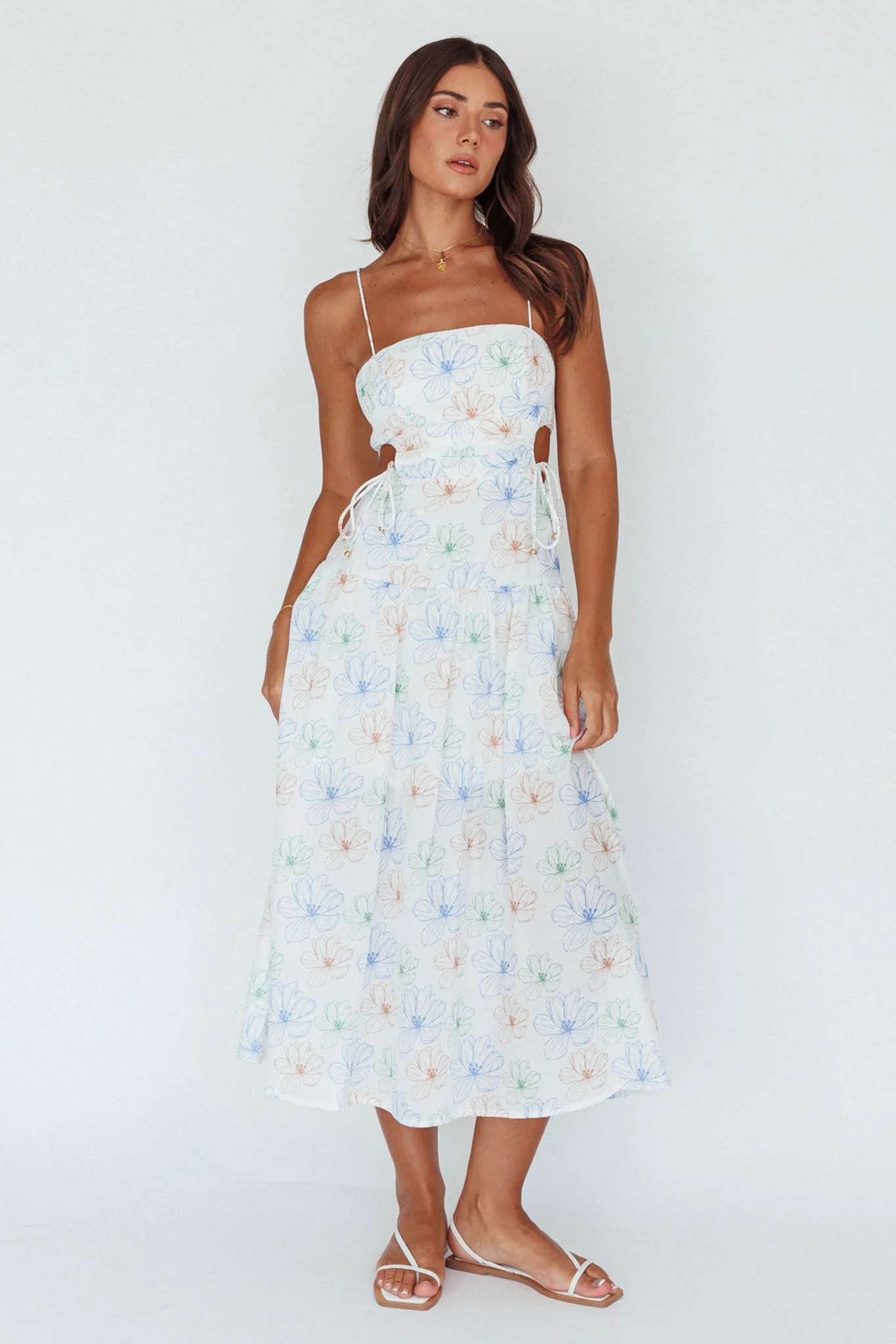 Aloha Cut-Out Waist Midi Dress Floral Blue - Sonourner