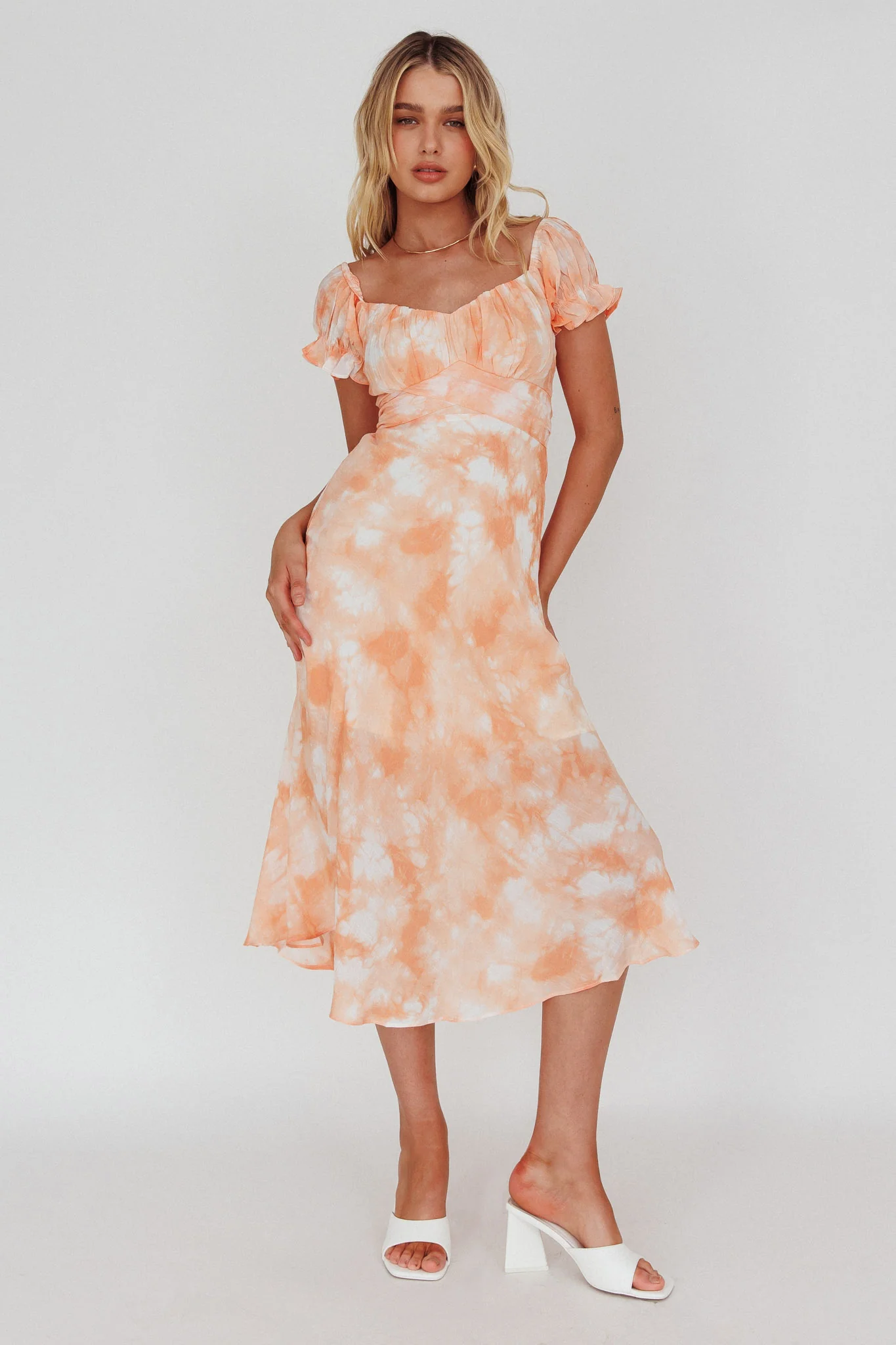 Linka Puff Sleeve Midi Dress Tie-Dye Orange - Sonourner