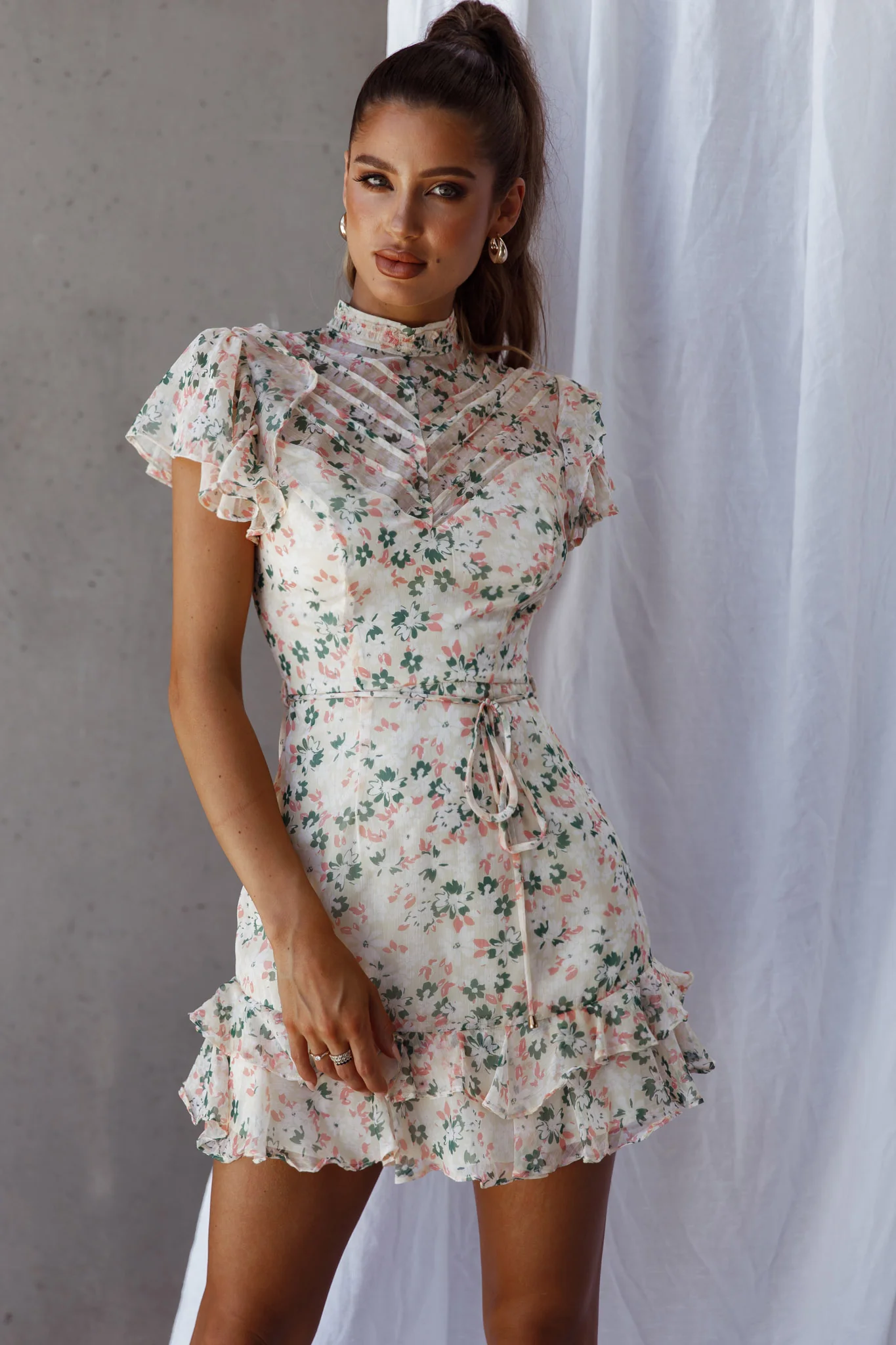 Lark High Neck Ruffle Sleeve Dress Flower Print Yellow - Sonourner