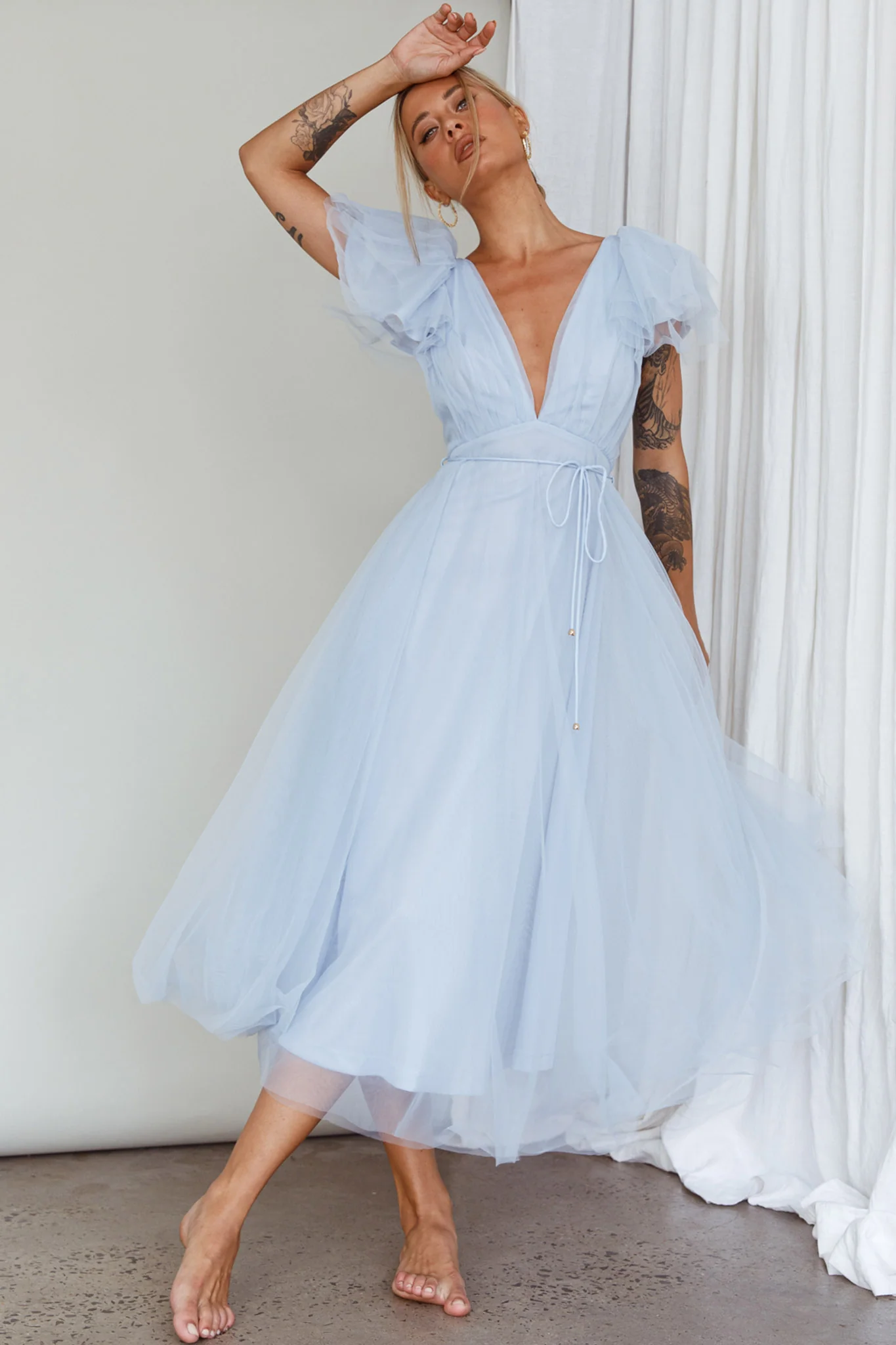 Leap Of Faith Frill Shoulder Tulle Midi Dress Blue - Sonourner