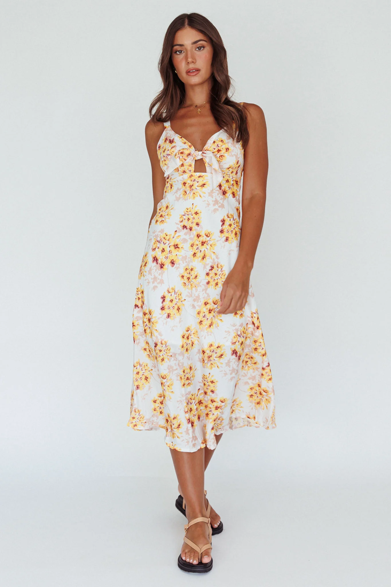 Starry Night Bust-Tie Midi Dress Floral Yellow - Sonourner