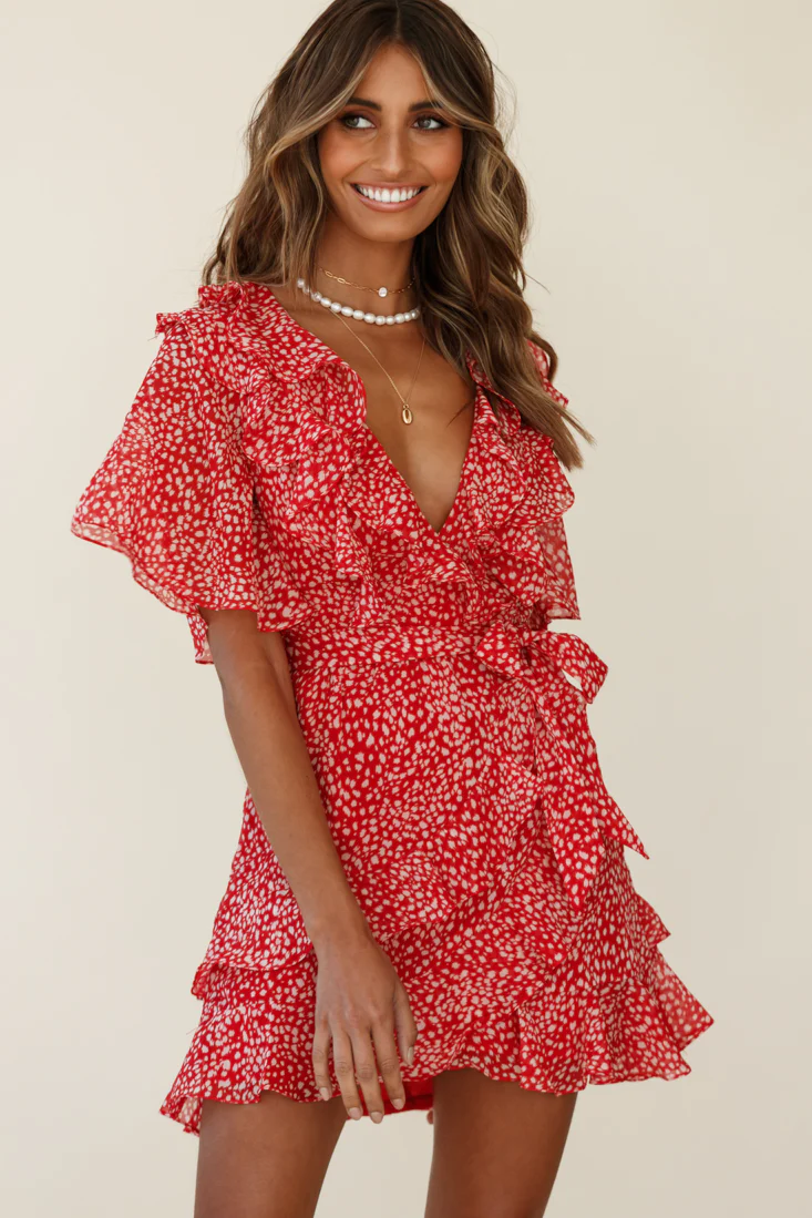 Sweet Talk Short Sleeve Ruffle Detail Dress Speckle Print Red - Sonourner
