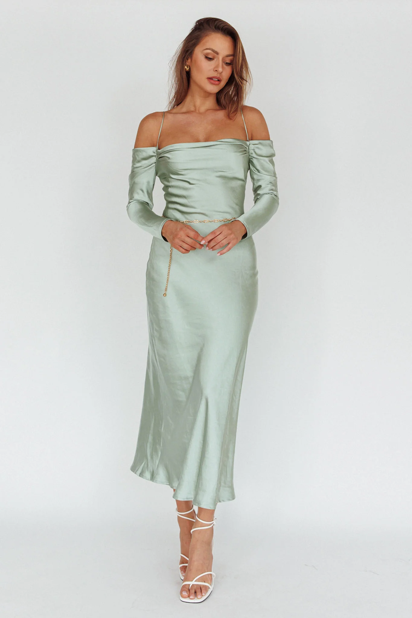 Ellory Long Sleeve Off-Shoulder Dress Sage - Sonourner
