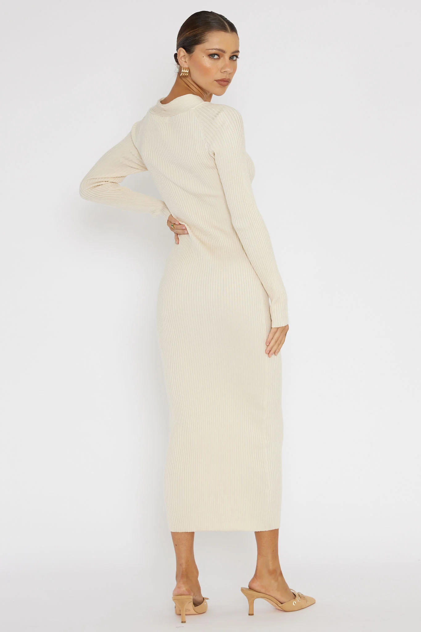 One Mind Cut-Out Neckline Knit Midi Dress Cream - Sonourner