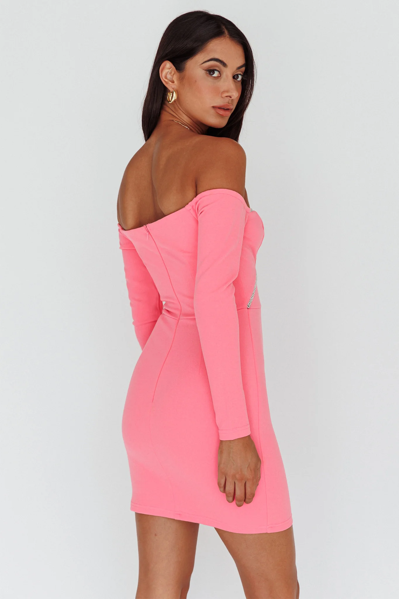 A-List Diamante Trim Long Sleeve Mini Dress Hot Pink - Sonourner