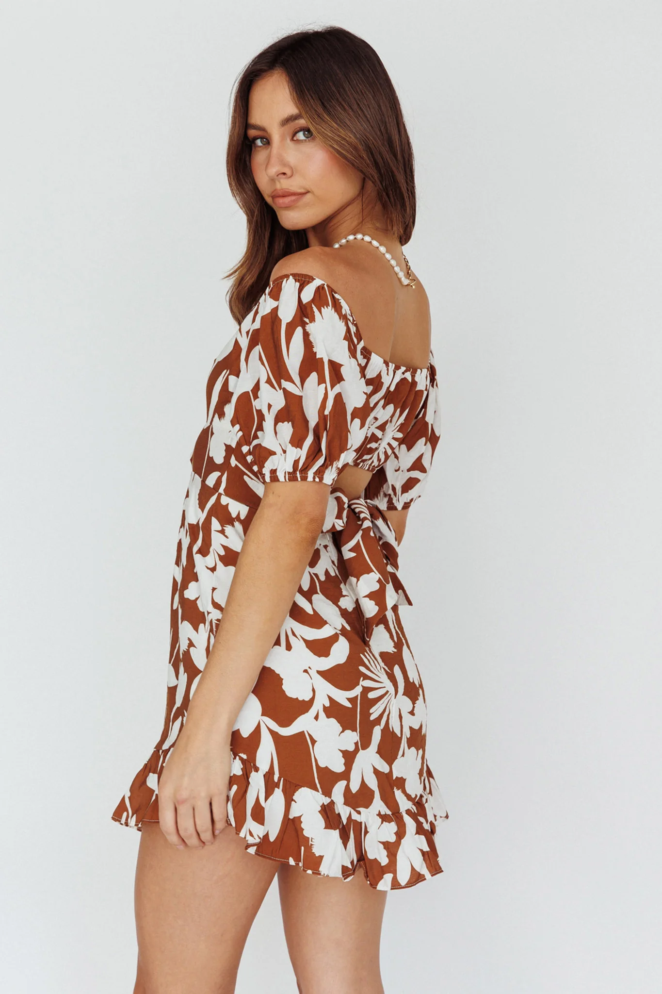 Palm Beach Puff Sleeve Dress Printed Tan - Sonourner