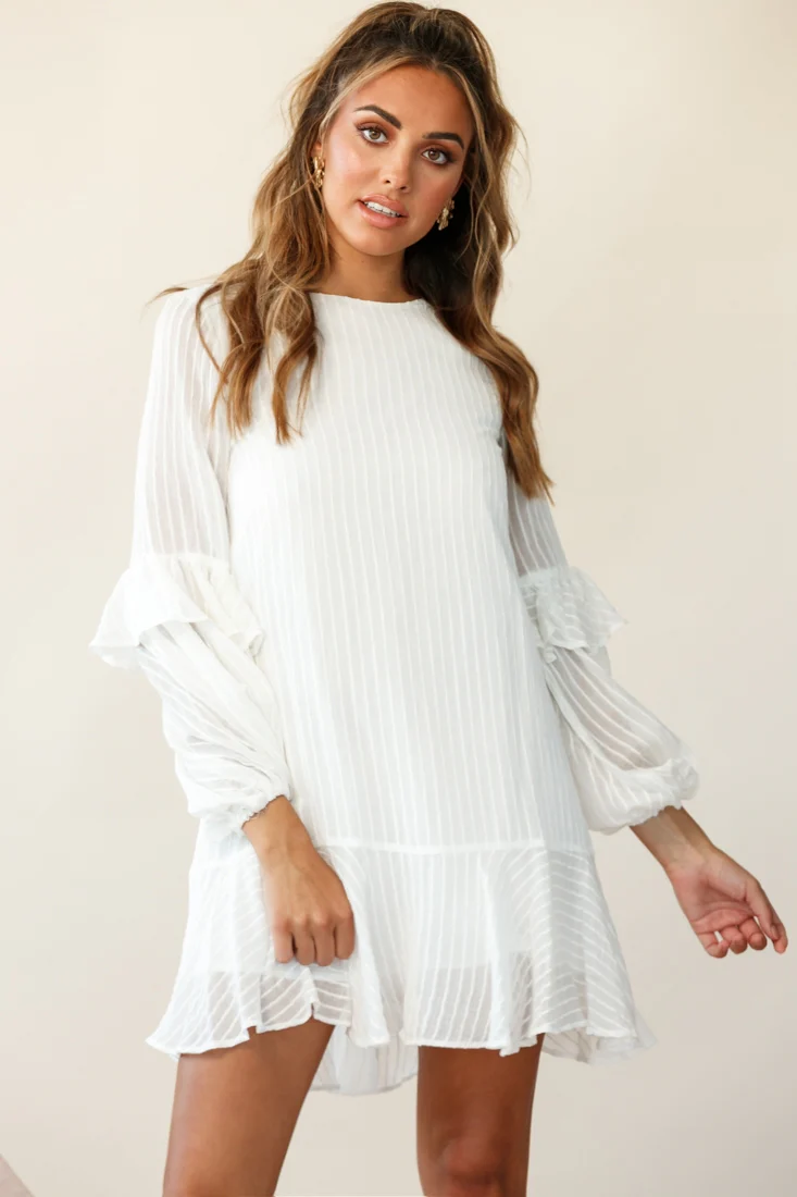 Cate Crew Neckline Balloon Sleeve Frill Dress White - Sonourner