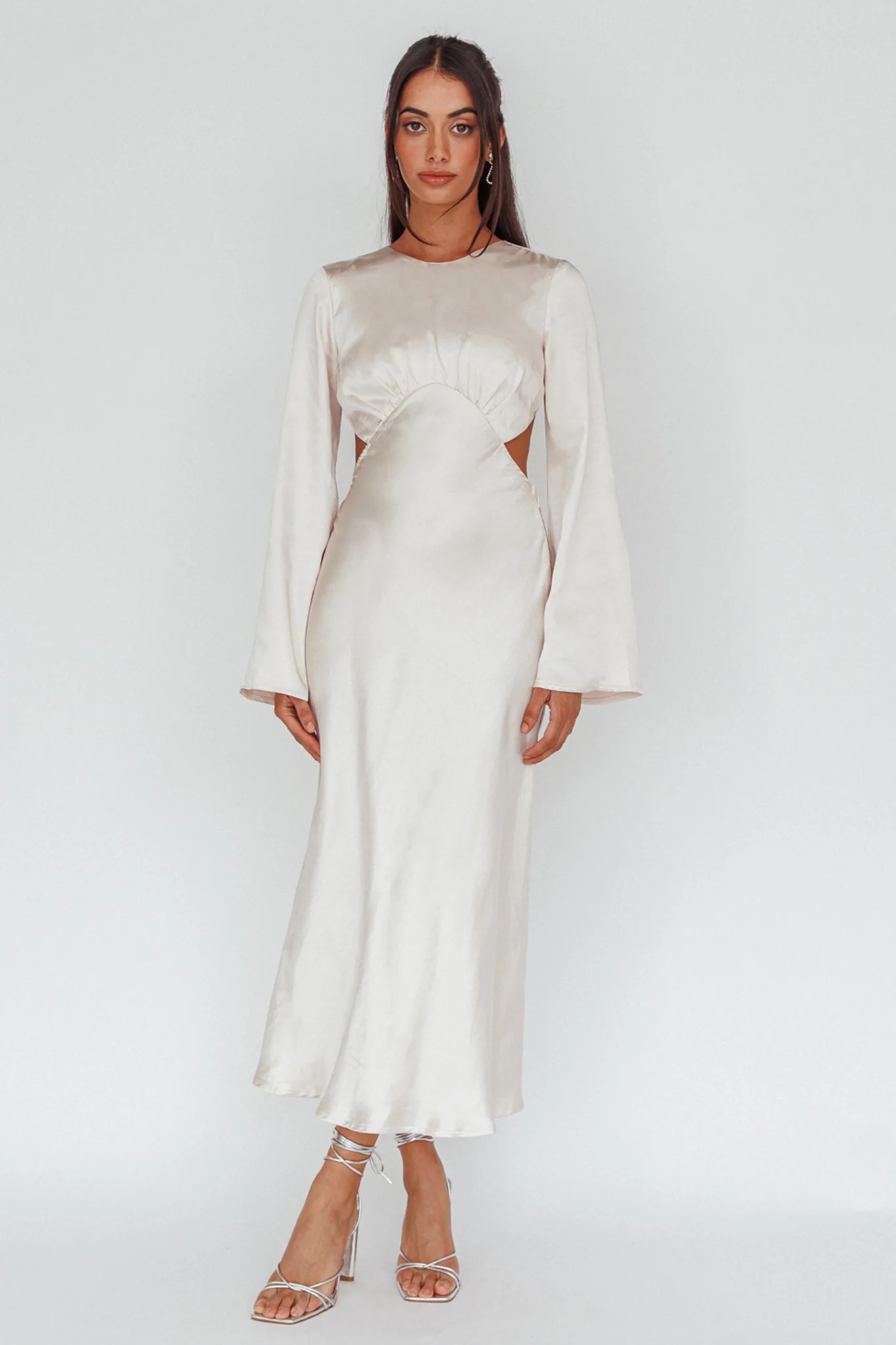 Doting Bell Sleeve Cut-Out Midi Dress Champagne - Sonourner