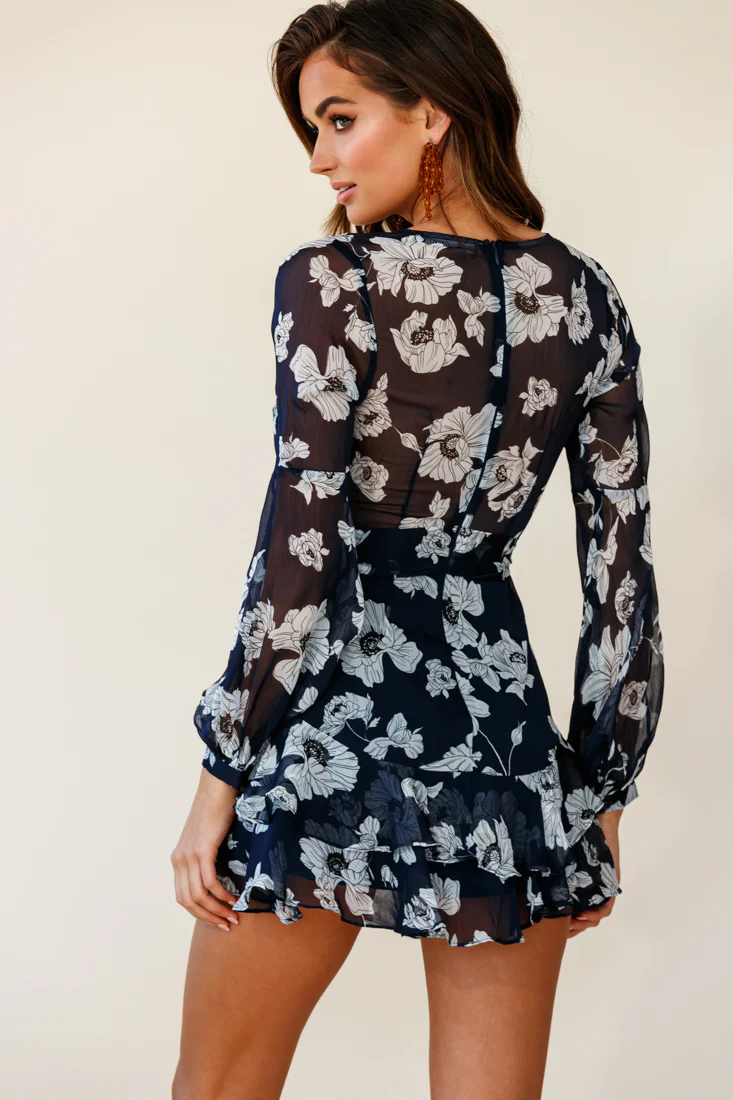 Kerry Layered Balloon Sleeve Dress Poppy Print Navy - Sonourner