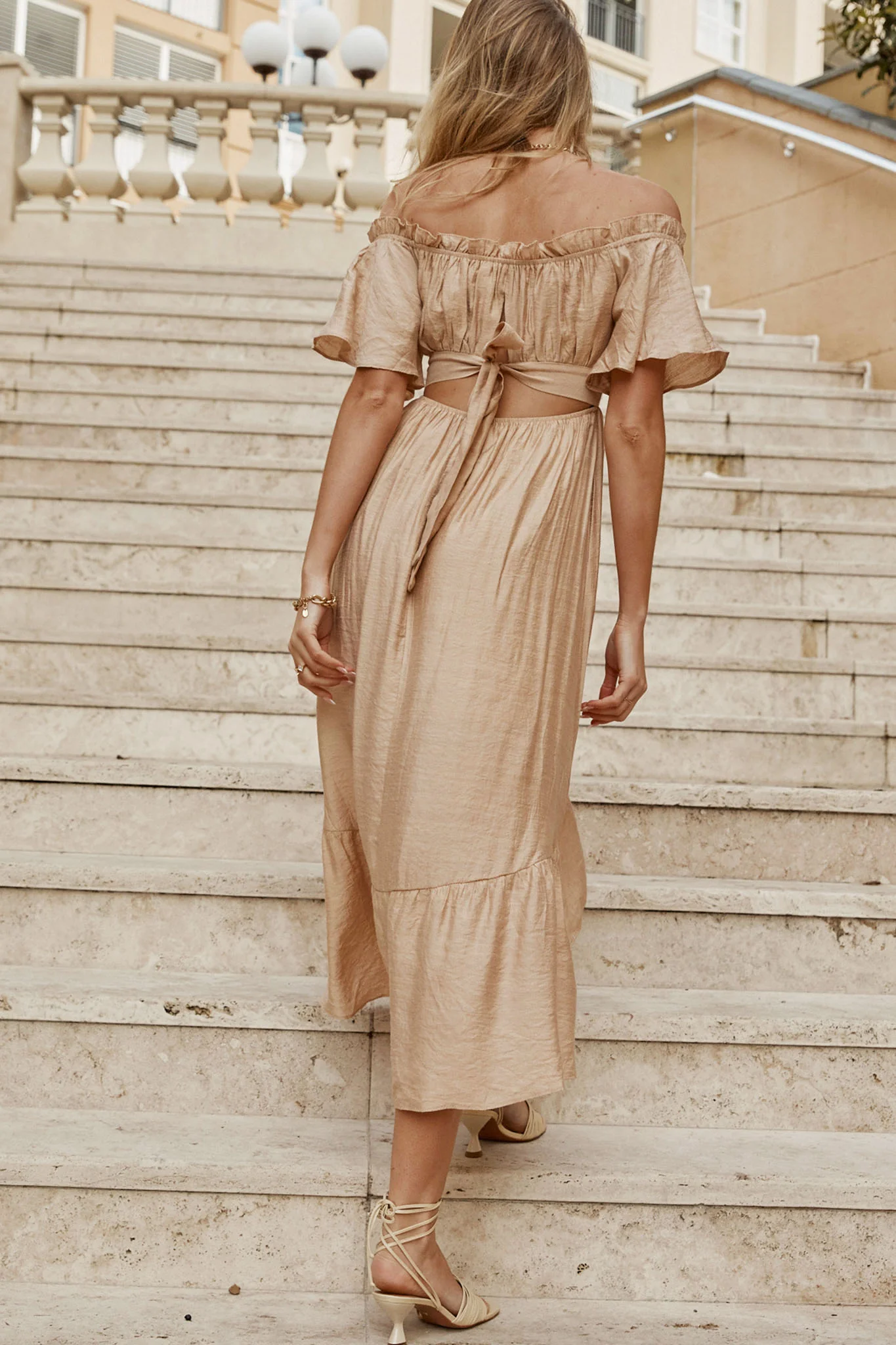 Dandelion Off-Shoulder Tied Back Midi Dress Sand - Sonourner