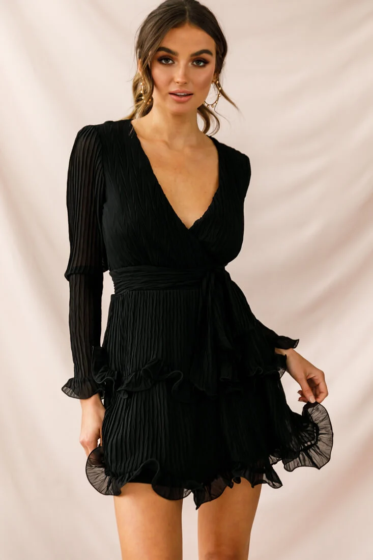 Greta Tiered Ruffle Chiffon Long Sleeve Dress Black - Sonourner