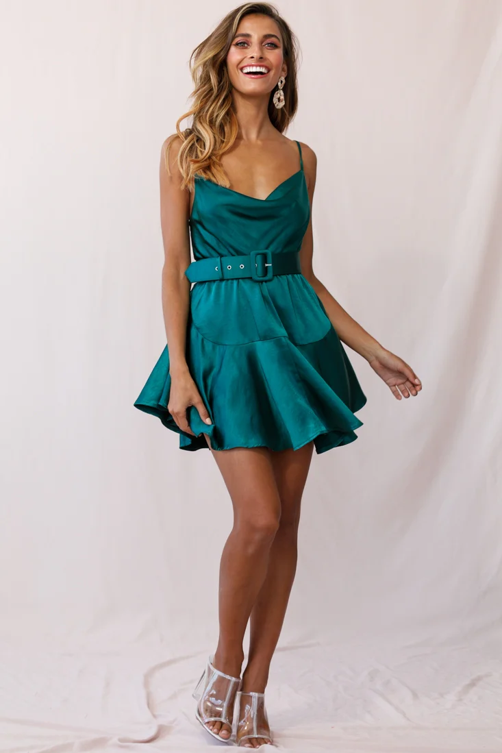 Agent 99 Belted Satin Cowl Neck Dress Forest Green - Sonourner