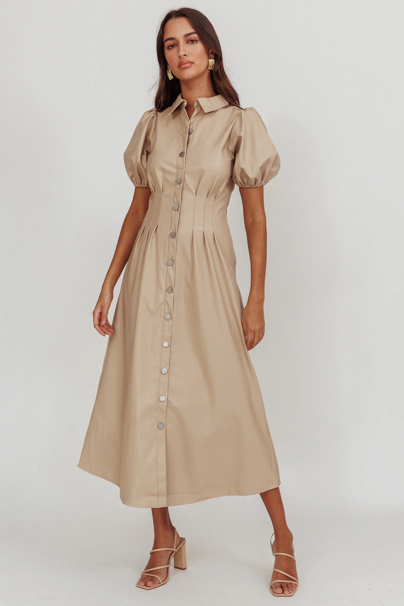 Zurich A-line Puff Sleeve Midi Dress Nude - Sonourner
