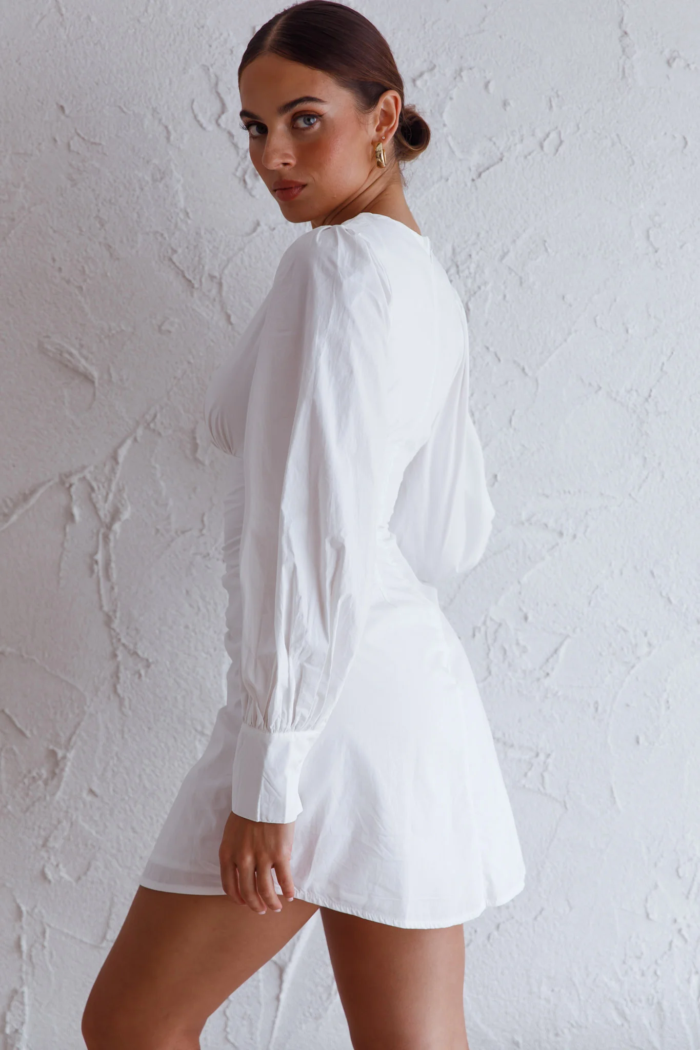 Josie Long Sleeved Ruched Feature Mini Dress White - Sonourner