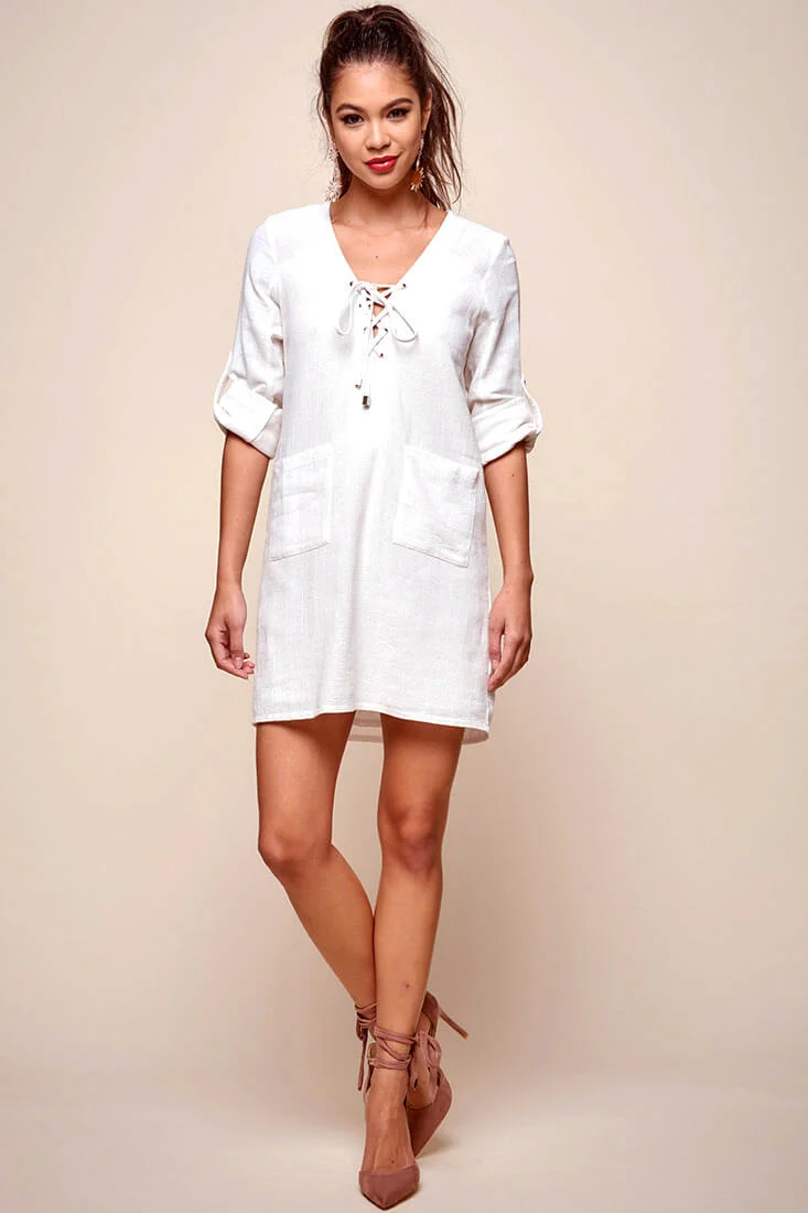 Katie Lace-Up Front Casual Dress White - Sonourner
