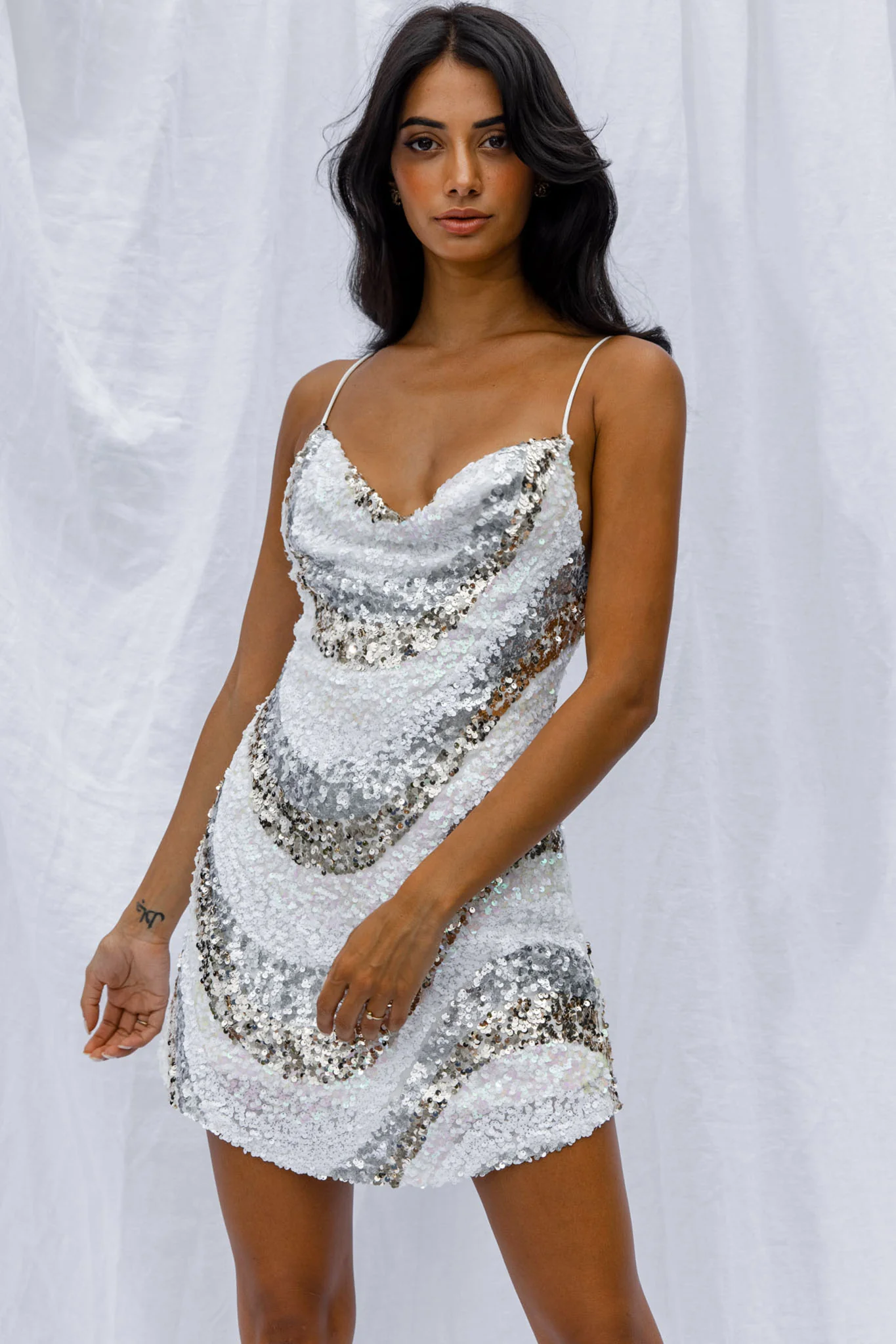 Show Me Love Cowl Neck Mini Dress Sequin Swirl White - Sonourner