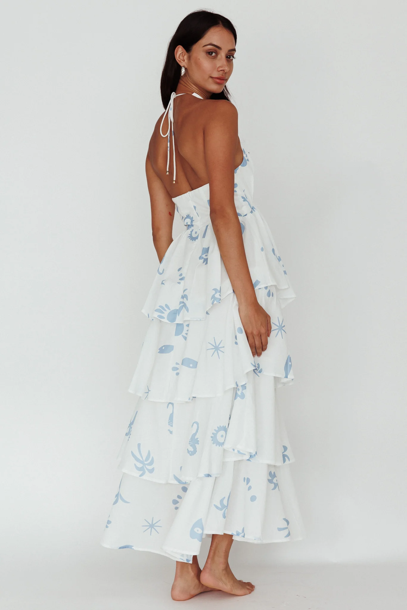 Catalina Tiered Ruffle Maxi Dress White Blue - Sonourner