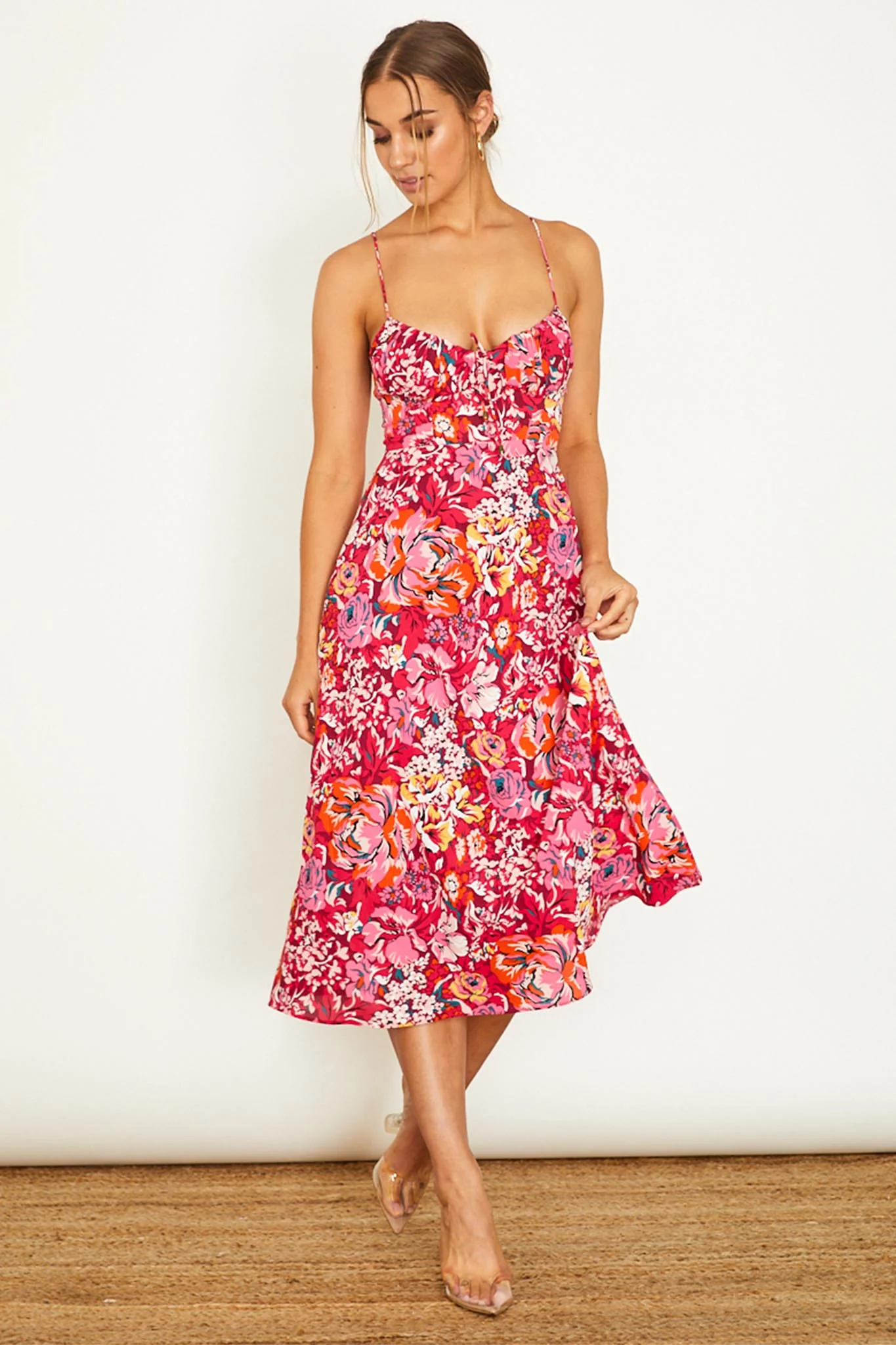 Malibu Gathered Bust Cami Strap Midi Dress Floral Red - Sonourner