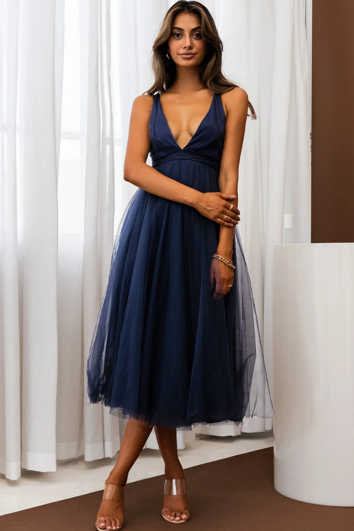 Floating By Plunging Neckline Mesh Overlay Midi Dress Navy - Sonourner