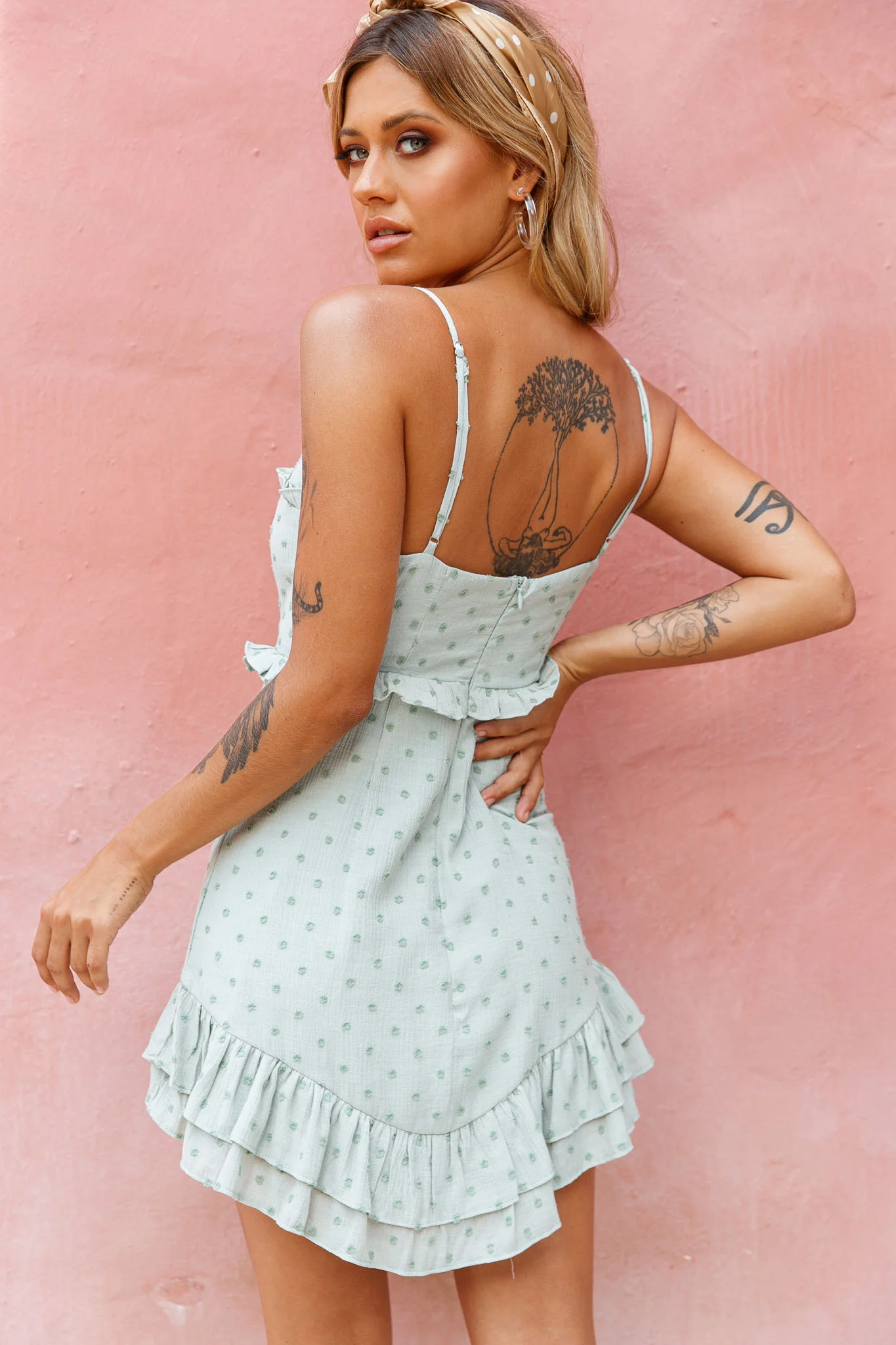 Lady Marmalade String Tie Bust Frill Dress Spotty Olive - Sonourner