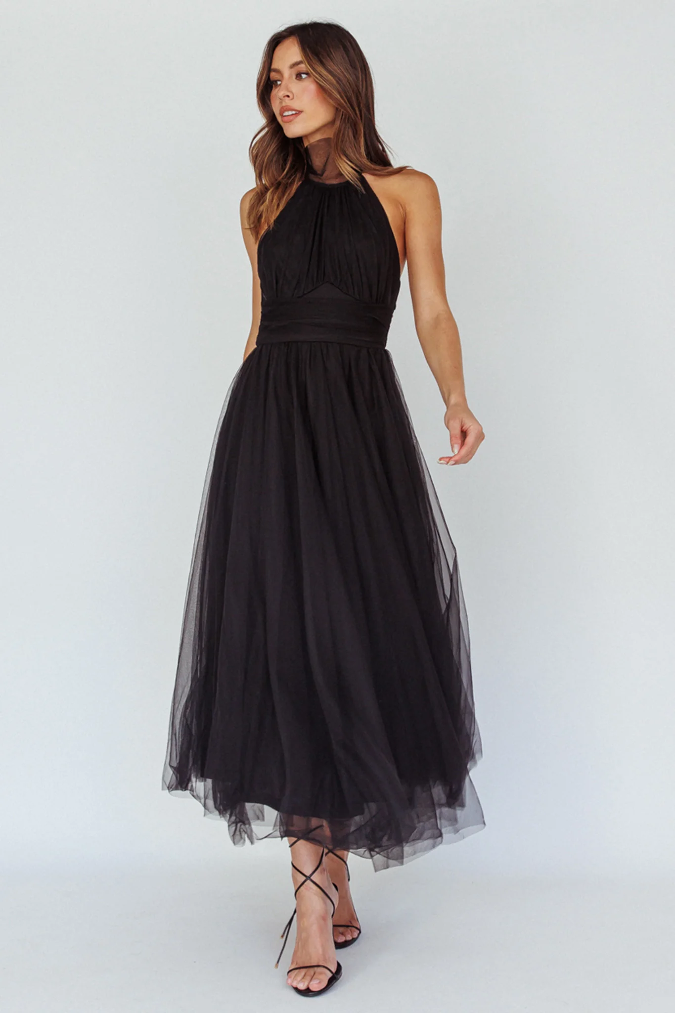 Andria Halterneck Tulle Midi Dress Black - Sonourner