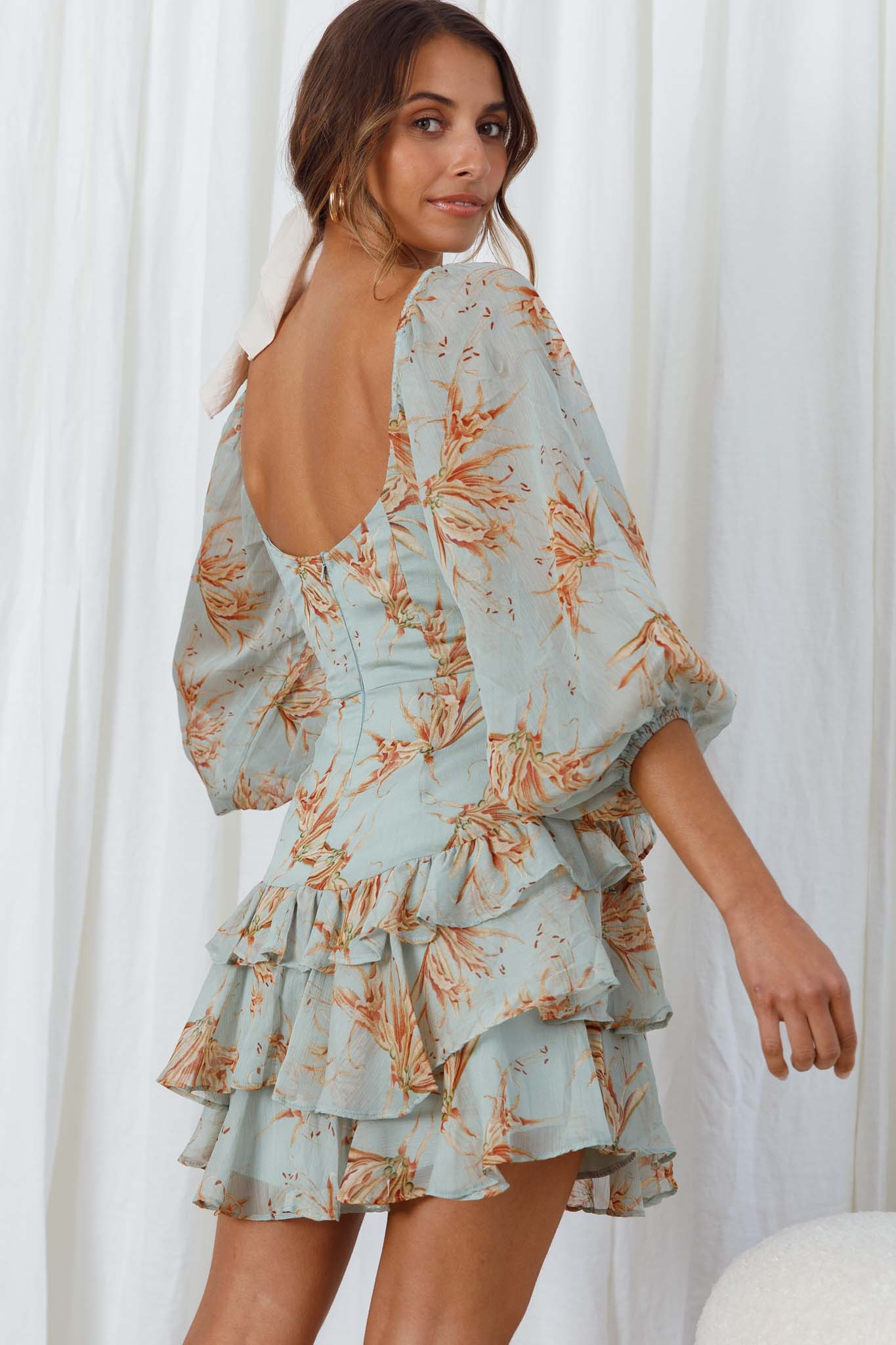 Flower Child Three Quarter Sleeve Bust Tie Ruffle Dress Lily Print Pistachio - Sonourner