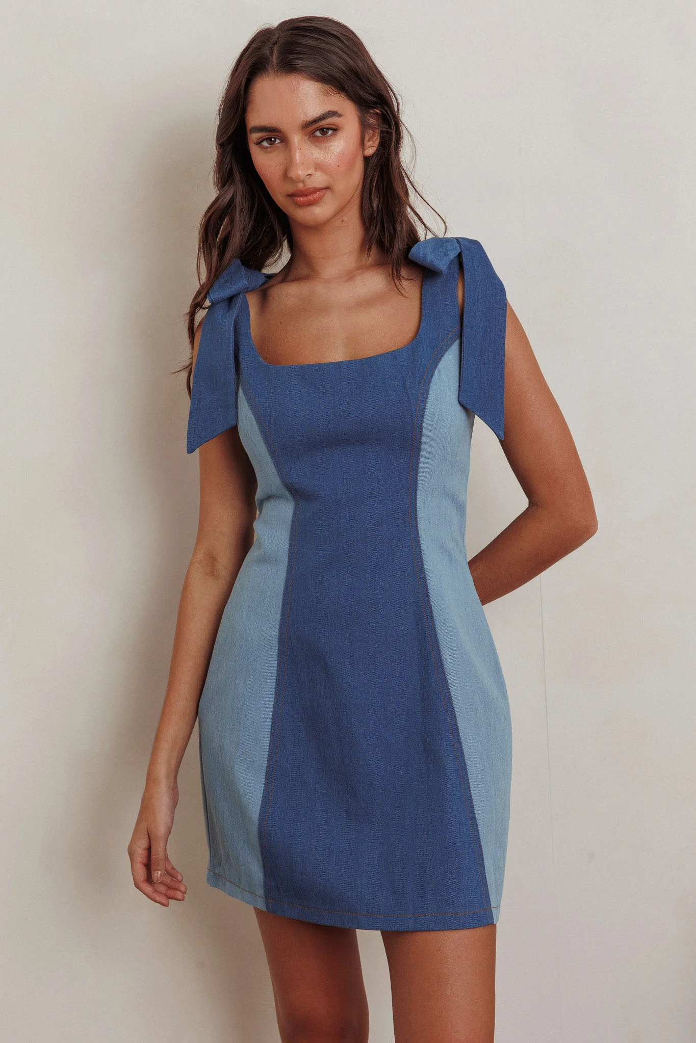 Kiss City Tied Shoulders Contrast Mini Dress Denim - Sonourner