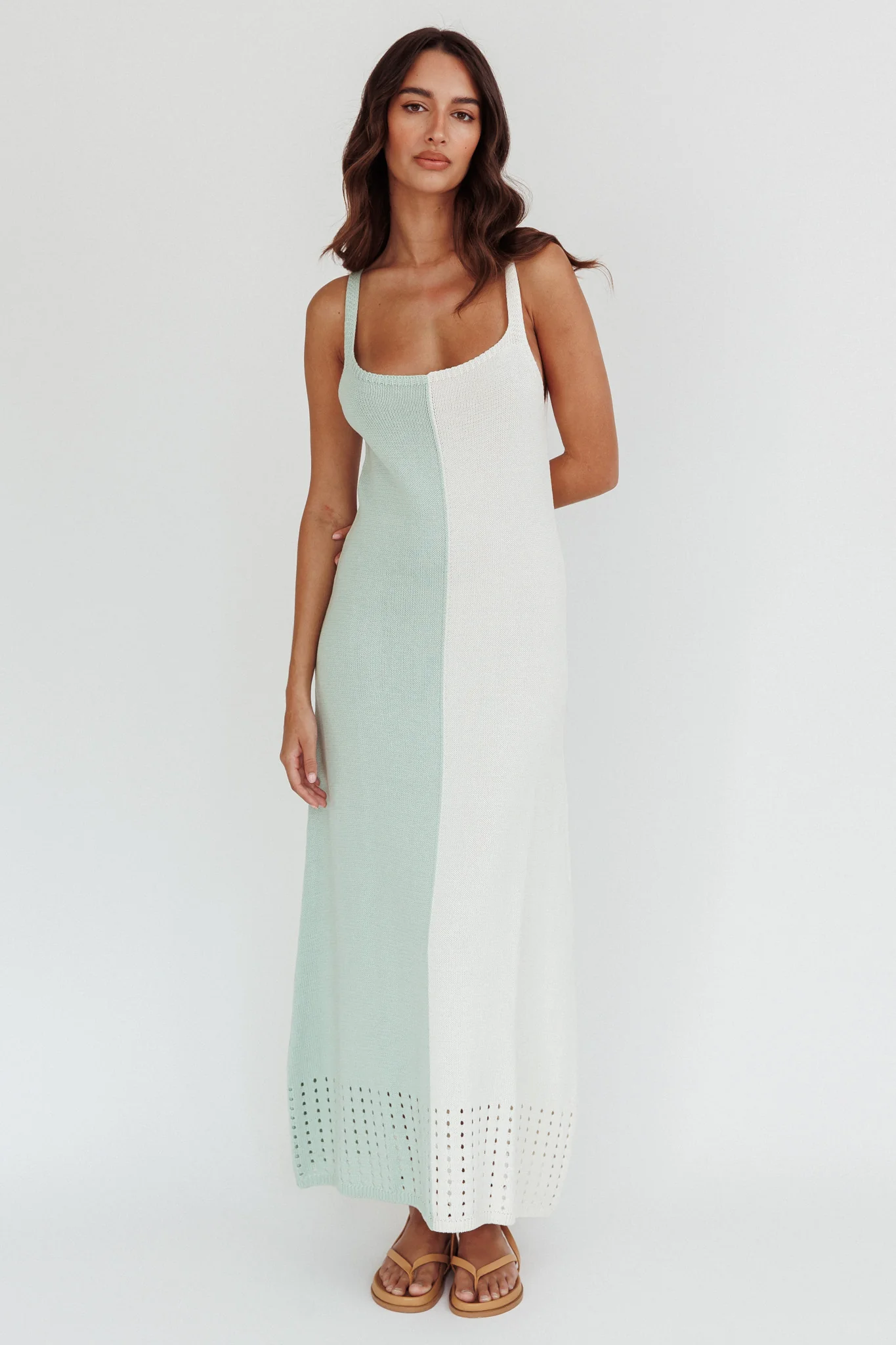 Sunday Fun Day Knit Maxi Dress Sage Cream - Sonourner
