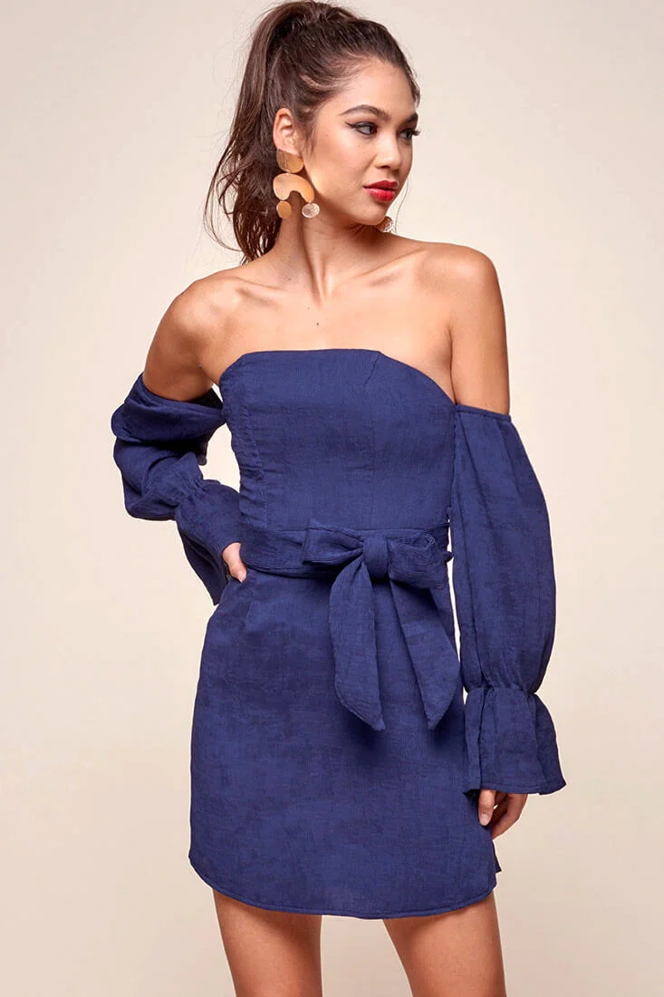 Veronica Off the Shoulder Bell Sleeve Dress Navy - Sonourner