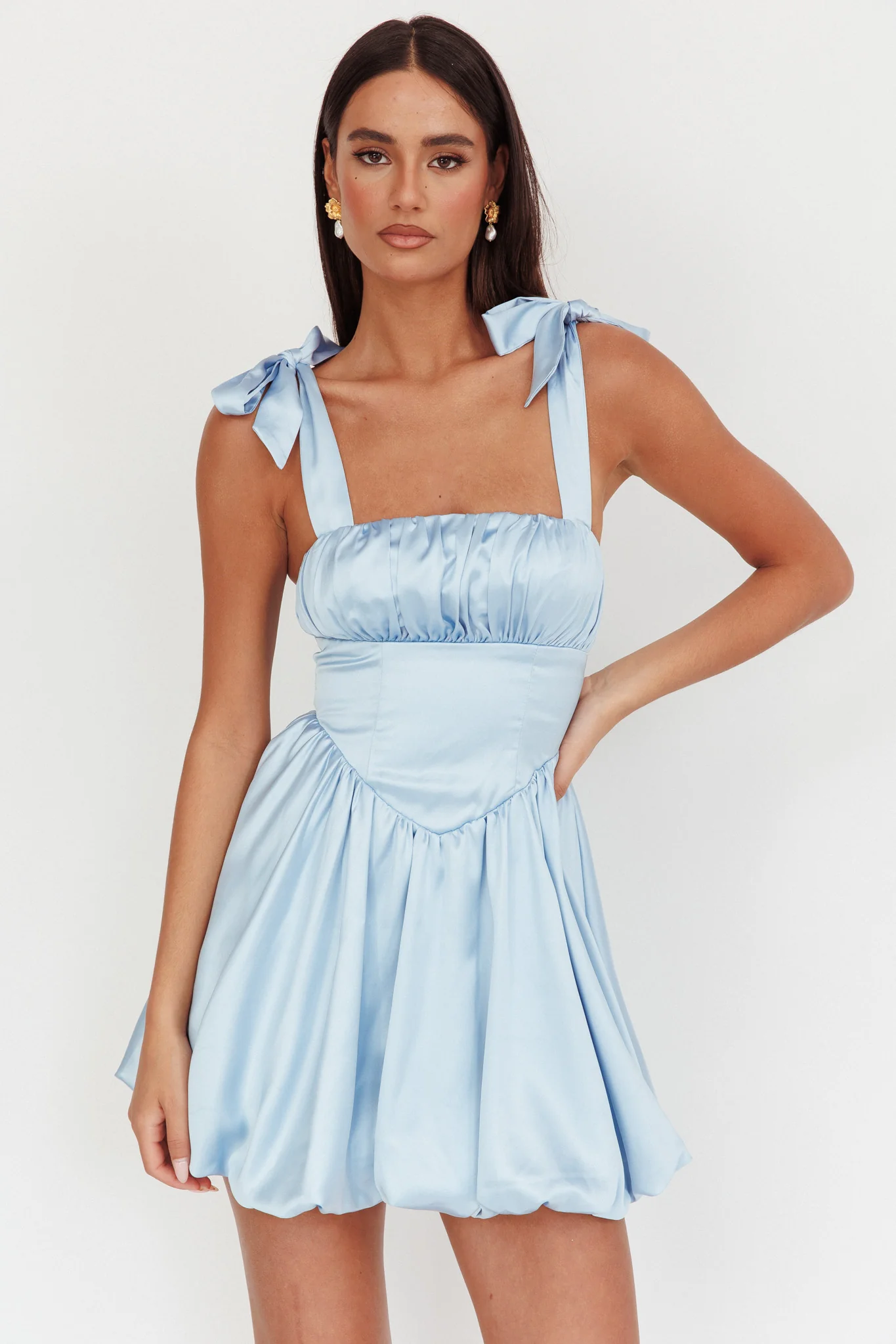 Just Magic Tied Shoulder Bubble Hem Mini Dress Baby Blue - Sonourner