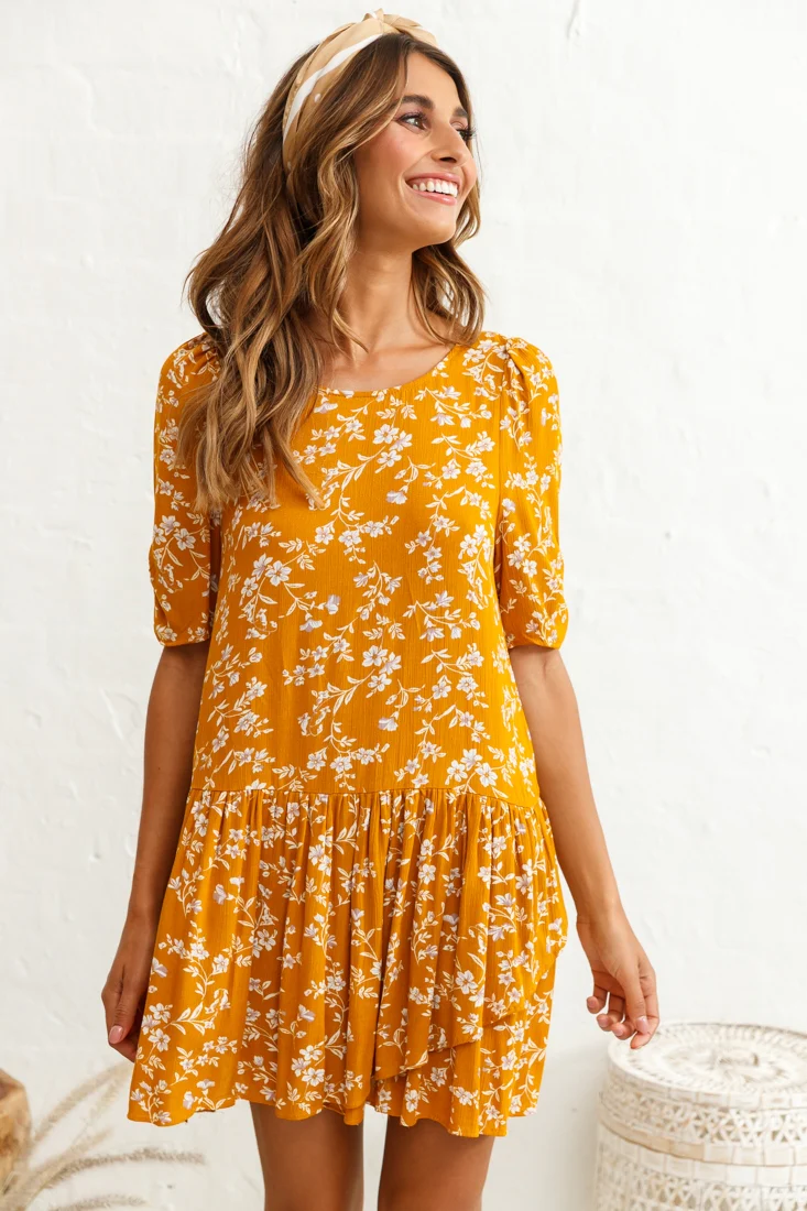 Marika Dropped Waist Short Sleeve Shift Dress Floral Print Mustard - Sonourner