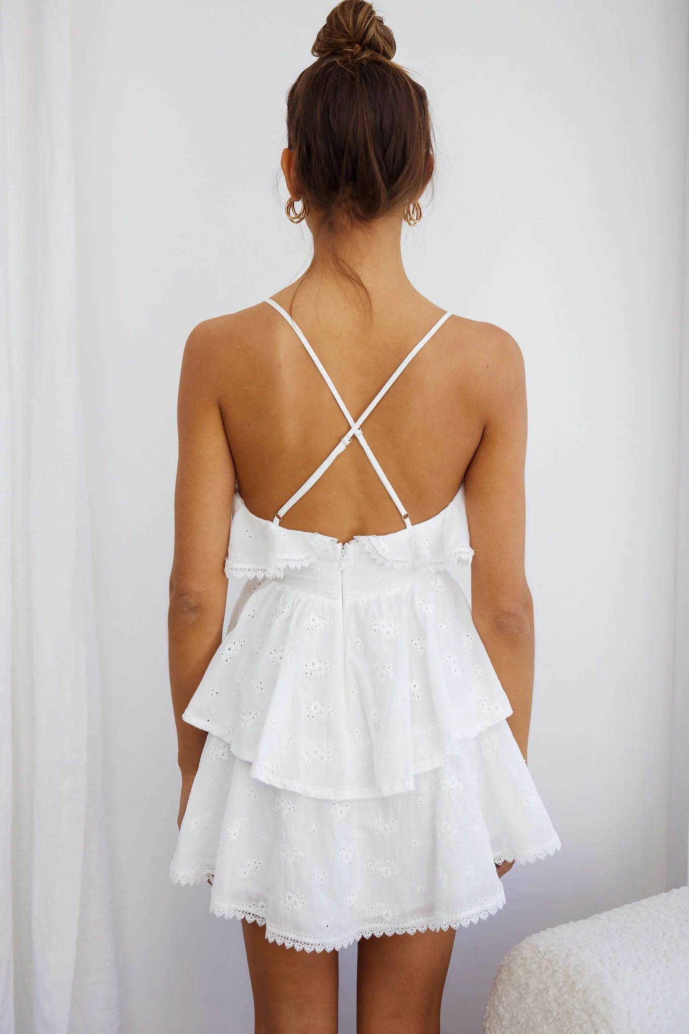 Tameka Ruffle Trim Layered Hem Eyelet Dress White - Sonourner