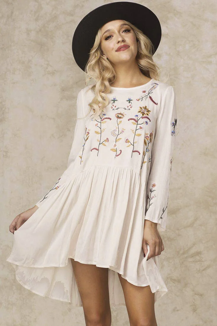 Este Emboridered Floral Boho Dress Beige - Sonourner