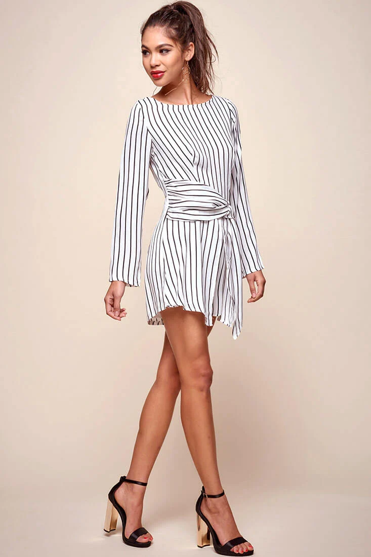 Abbey Waist Tie Pinstripe Romper White & Black - Sonourner