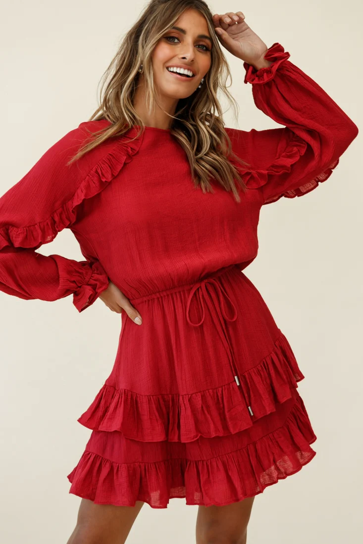 Best Wishes Long Sleeve Frill Detail Dress Wine - Sonourner