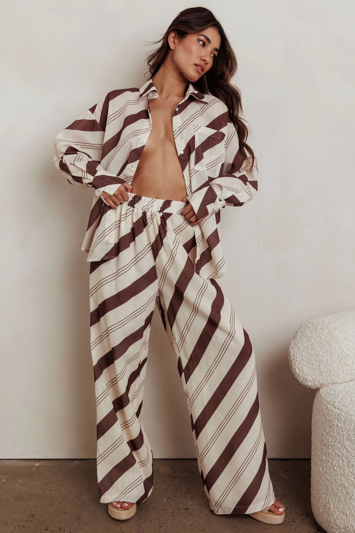 Alex Elastic Waist Striped Print Pant Cream/Cacao - Sonourner