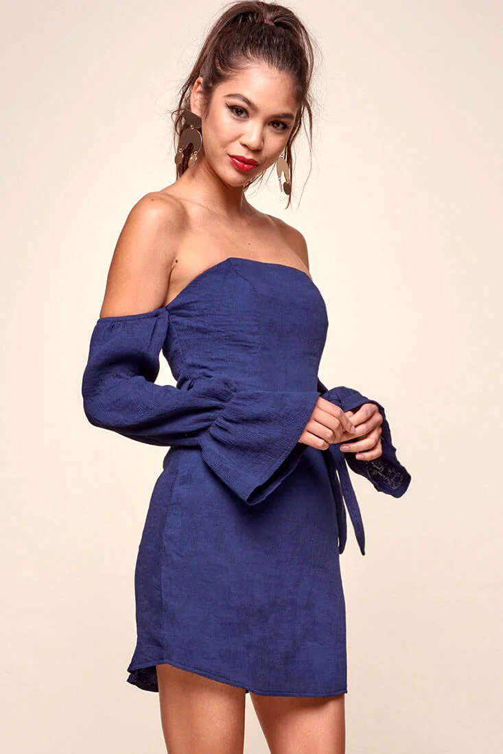 Veronica Off the Shoulder Bell Sleeve Dress Navy - Sonourner