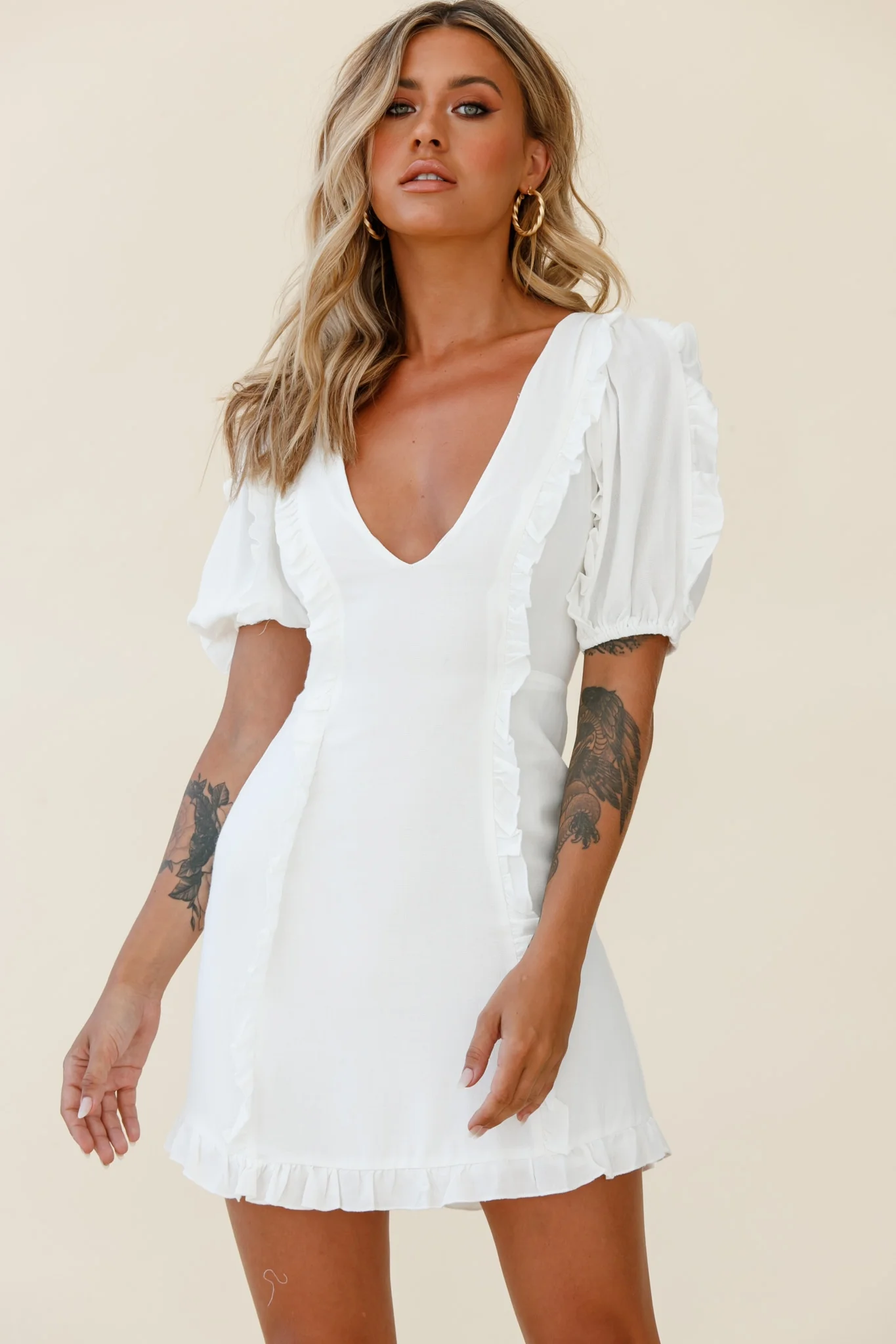 Maisy Puff Sleeve Frill Trim Dress White - Sonourner